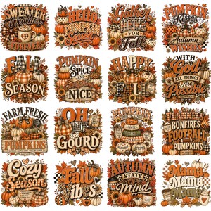 May include: A collection of sixteen square graphic designs featuring autumn themes, including pumpkins, sunflowers, plaid patterns, and fall-inspired text like Sweater Weather, Pumpkin Spice, and Fall Vibes in orange, brown, and cream colors.