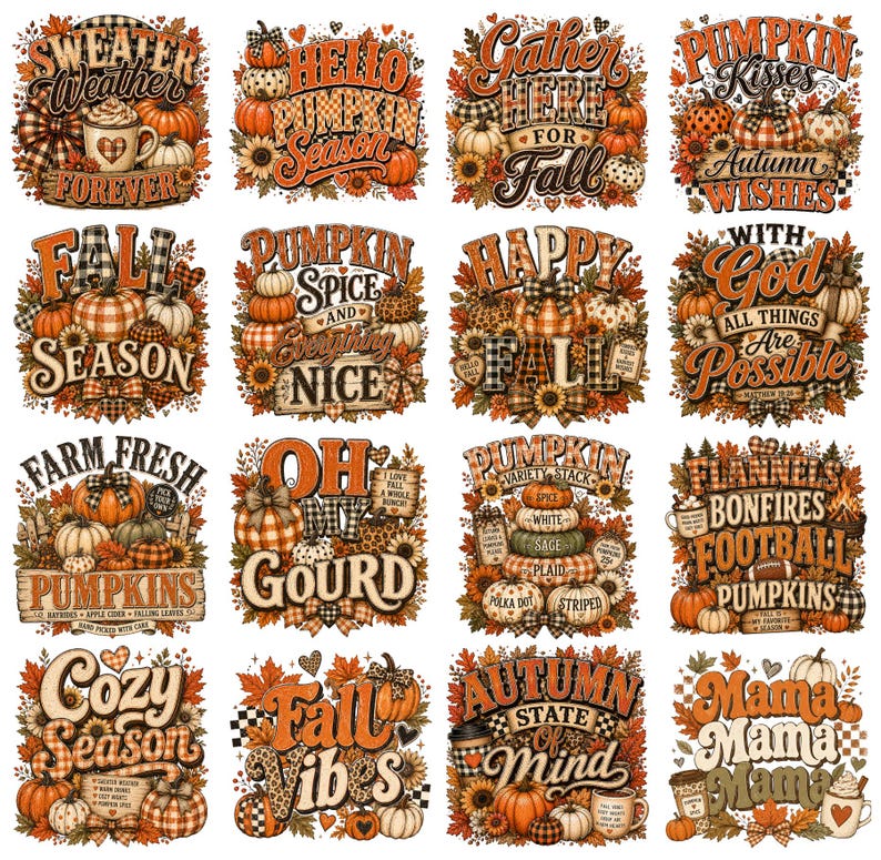 May include: A collection of sixteen square graphic designs featuring autumn themes, including pumpkins, sunflowers, plaid patterns, and fall-inspired text like Sweater Weather, Pumpkin Spice, and Fall Vibes in orange, brown, and cream colors.