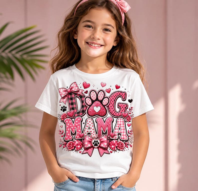 May include: White t-shirt with a pink and black "Dog Mama" graphic. The design includes a paw print, hearts, bows, and roses. The shirt is decorated with a plaid pattern and a heart-shaped paw print.