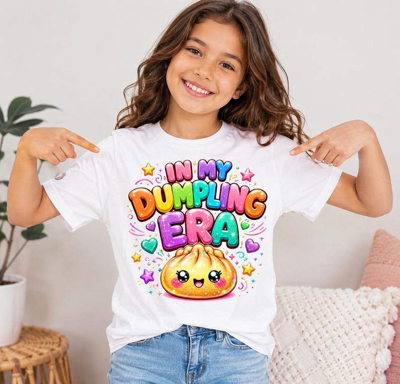 May include: A white short-sleeved t-shirt featuring a colorful graphic print that reads "IN MY DUMPLING ERA" in bold, bubble-style letters. Below the text is a cute, smiling dumpling character surrounded by small, vibrant stars and hearts.