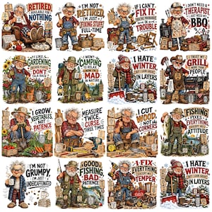 May include: A collection of sixteen cartoon illustrations featuring an elderly man in various hobby and work scenarios, including gardening, camping, grilling, fishing, and woodworking, each accompanied by humorous text captions in English.