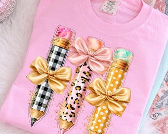 Brushstroke Pencil Bow PNG, Preppy Teacher Design, Coquette Pencil Sublimation, Back To School PNG, Teacher Gift, Digital Download