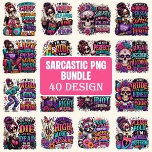 Könnte beinhalten: Eine Sammlung von 40 sarkastischen PNG-Designs mit Schädelillustrationen und verschiedenen Zitaten. Die Designs verwenden eine lebendige Farbpalette mit rosa, lila und türkisfarbenen Akzenten. Der Text enthält Sätze wie "Ich bin kein Koch" und "Ich bin nicht unhöflich, ich..."