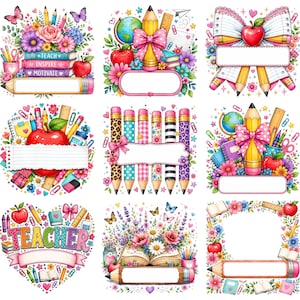 Pacchetto PNG personalizzato con nome dell'insegnante, cornice floreale con nome dell'insegnante, ritorno a scuola PNG, matita per insegnanti, fiocco, regalo di apprezzamento per l'insegnante, PNG personalizzato