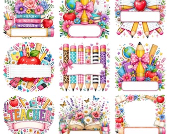 Personalized Teacher Name PNG Bundle Floral Teacher Name Frame Back To School PNG Teacher Pencil Bow Teacher Appreciation Gift Custom PNG