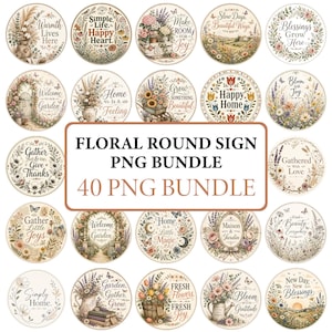May include: A digital collection of 40 round floral signs featuring various botanical illustrations, wildflowers, and inspirational text phrases. Each circular design displays colourful garden elements, butterflies, and decorative typography in a cohesive set.