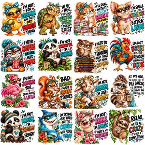 Pode incluir: Uma coleção de dezasseis ilustrações gráficas individuais apresentando vários animais, incluindo um pato, tartaruga, gato, cão, pinguim, panda, coruja, galo, flamingo, esquilo, cabra, guaxinim, tubarão, lhama e bicho-preguiça com texto humorístico.