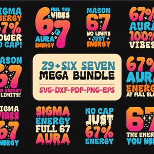 Lustiges Six Seven SVG Bundle, 67 Birthday Shirt Design, Retro Aura Energie Png für Cricut, DXF Eps Schnittdateien