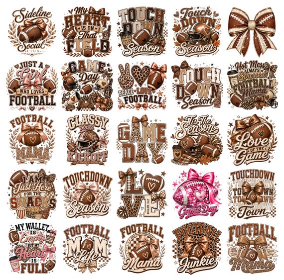 Football PNG Bundle Retro Game Day Coquette Bow Football Mama Football Junkie Touchdown Season Heart On That Field PNG Sublimation