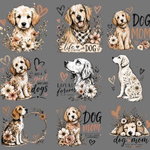 May include: A collection of dog-themed illustrations on a gray background. The images feature various dog breeds with floral accents, hearts, and text like "Dog Mom" and "Loyal Forever".