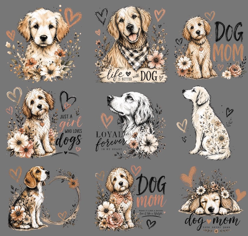 May include: A collection of dog-themed illustrations on a gray background. The images feature various dog breeds with floral accents, hearts, and text like "Dog Mom" and "Loyal Forever".