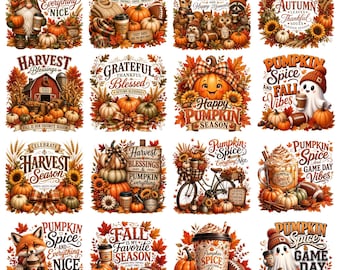 Könnte beinhalten: Eine Sammlung von sechzehn herbstlichen Grafikdesigns mit Kürbissen, Herbstlaub, Sonnenblumen, Waldtieren, Geistern und Kaffeetassen mit Texten wie Pumpkin Spice and Everything Nice, Fall Blessings und Harvest Season.