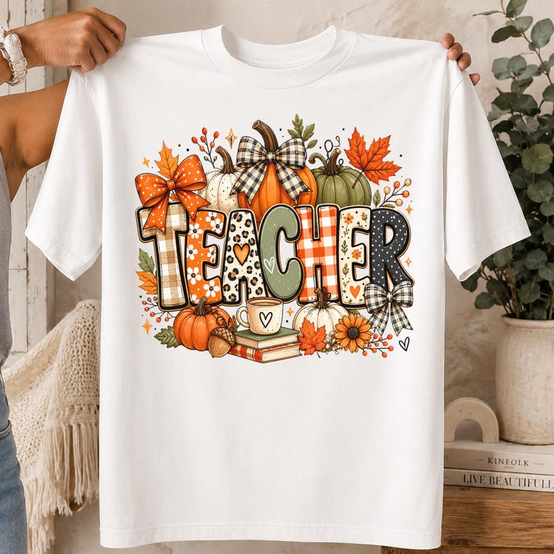 May include: A white t-shirt featuring a colorful graphic with the word TEACHER in large, patterned letters. The design includes pumpkins, autumn leaves, a coffee mug, and books, decorated with orange, green, and black plaid and leopard print bows.