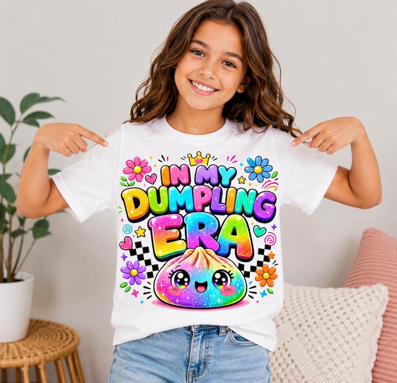 May include: A white short-sleeve t-shirt featuring a colorful graphic with the text "IN MY DUMPLING ERA" in bold, gradient lettering. The design includes a smiling, rainbow-colored dumpling character, small flowers, stars, and a black and white checkerboard pattern.