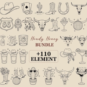 May include: A collection of black and white illustrations with a Western theme. The image includes a cowboy hat, playing cards, dice, cacti, cowboy boots, a horseshoe, a Route 66 sign, a dreamcatcher, a woman with a cowboy hat, and a bull skull.