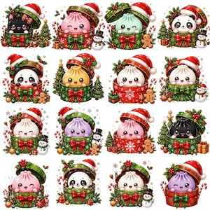 May include: A collection of sixteen festive illustrations featuring various cute characters like pandas, cats, and dumplings emerging from decorated Christmas gift boxes, accented with Santa hats, candy canes, gingerbread men, and snowmen.