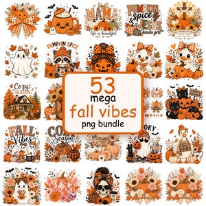 May include: A collection of 53 fall-themed PNG graphics. The images feature pumpkins, autumn leaves, ghosts, and other seasonal elements. Text includes "Fall Vibes," "Pumpkin Spice," and "Happy Halloween."