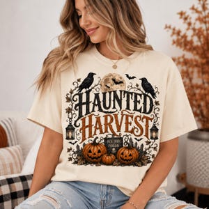 May include: A cream-colored short-sleeve t-shirt featuring a graphic print with the text "HAUNTED HARVEST" and "PICK YOUR POISON". The design includes two black ravens, a full moon, bats, two lanterns, and three jack-o'-lantern pumpkins.
