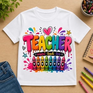 May include: White t-shirt with a colorful graphic design. The design features the word "TEACHER" in rainbow-colored, dripping letters, with the words "inspire teach love" below. A row of crayons and hearts complete the design.