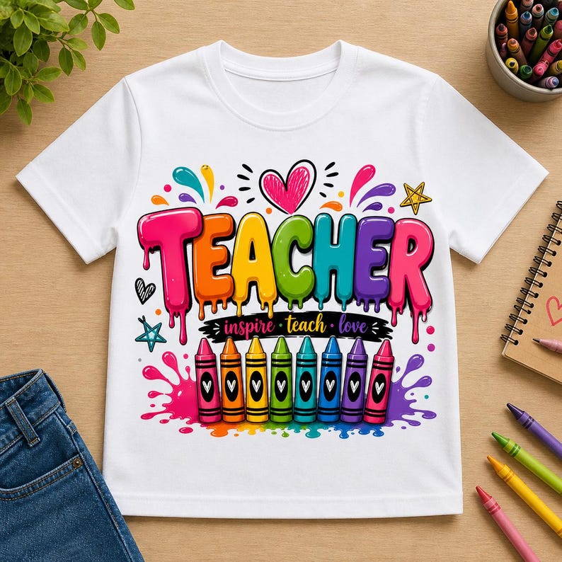 May include: White t-shirt with a colorful graphic design. The design features the word "TEACHER" in rainbow-colored, dripping letters, with the words "inspire teach love" below. A row of crayons and hearts complete the design.