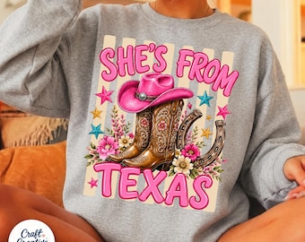 Lei viene dal Texas PNG, Stivali da cowgirl texana Cappello PNG, Design western civettuolo, Maglietta da rodeo rosa PNG, Download digitale per sublimazione