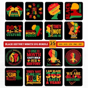 May include: A set of 16 square designs with text and graphics celebrating Black History Month and Juneteenth. The designs include phrases such as "Black Excellence," "Remember Your Roots," and "One Month Can't Hold Our History."