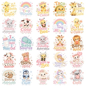 May include: A collection of twenty-five individual digital stickers featuring cartoon animals including a duck, giraffe, elephant, cow, bee, dinosaur, lion, bear, kitten, sloth, penguin, lamb, unicorn, and koala with pastel text and floral accents.