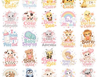 Pacchetto di 30 immagini PNG di cuccioli di animali, citazioni carine per la cameretta, immagini PNG per baby shower, Tiny Dreamer, Born Wild, disegni per sublimazione per bambine, clipart per neonati