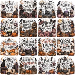 May include: A collection of sixteen square illustrations featuring Halloween-themed designs with text including Ghost Story Society, Black Cat Boutique, Moonlit Manor, Witch's Tea Room, Potion & Pumpkins, Haunted Harvest Market, Witches Wear Bows, Salem Harvest Festival, Enchanted Pumpkin Bakery, Midnight Cauldron Co., Pumpkin Lantern Lane, Ghost Cafe After Midnight, Black Cat Book Club, Haunted Pumpkin Farm, Bat & Bloom Society, and Coven Coffee House.