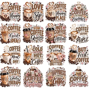 Puede incluir: Una colección de dieciséis ilustraciones digitales con tazas de café, bebidas de café helado y granos de café con patrones de estampado de leopardo y varias frases como Coffee Makes Me Happy, Coffee Queen y But First Coffee.