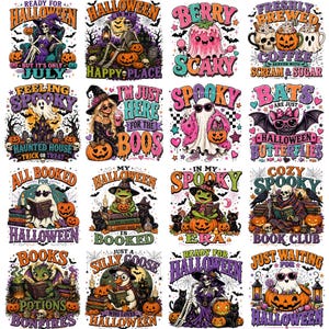 May include: A collection of sixteen colorful Halloween-themed graphic designs featuring skeletons, ghosts, frogs, and bats. Each illustration includes playful text such as Ready for Halloween, Berry Scary, and Spooky Era, with pumpkins and festive motifs.