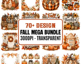 Könnte beinhalten: Eine digitale Kunstsammlung mit Herbstmotiven. Das Bild zeigt Kürbisse mit verschiedenen Mustern, Schleifen und Herbstblättern. Der Text enthält "70+ DESIGN FALL MEGA BUNDLE 300DPI - TRANSPARENT", "Harvest", "Fall", "Thankful" und "Pumpkin Spice".