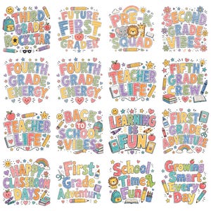 Könnte beinhalten: Eine Sammlung farbenfroher, handgezeichneter Illustrationen mit schulbezogenen Sätzen wie "Third Grade Rockstar" und "Learning is Fun". Jedes Design enthält Bleistifte, Äpfel und andere schulbezogene Grafiken.
