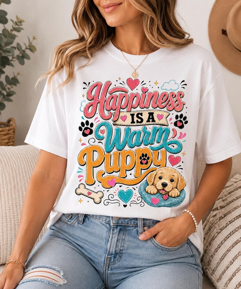 May include: A white t-shirt featuring a colorful graphic with the text "Happiness IS A Warm Puppy". The design includes a golden puppy resting in a blue bed, surrounded by pink and teal hearts, paw prints, and a bone illustration in a retro font style.
