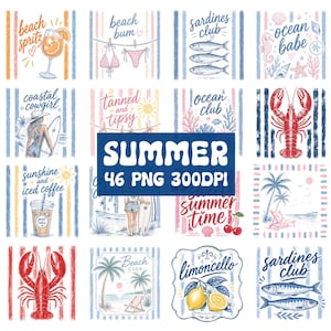 May include: A collection of summer-themed illustrations with text, including "beach spritz," "beach bum," and "summer time." The images feature beach scenes, cocktails, and marine life, all set against a striped background.