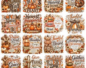 Pacchetto di 32 immagini PNG per il Giorno del Ringraziamento, disegni per sublimazione con zucche autunnali, citazioni di ringraziamento, benedizioni e gratitudine per il raccolto, zucca con fiocco autunnale, Giorno del Ringraziamento