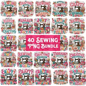 May include: A digital collection of 40 sewing and crafting themed designs featuring vintage sewing machines, floral arrangements, spools of thread, and scissors. Each graphic includes colourful typography with phrases like Sewing Never Goes Out of Style.