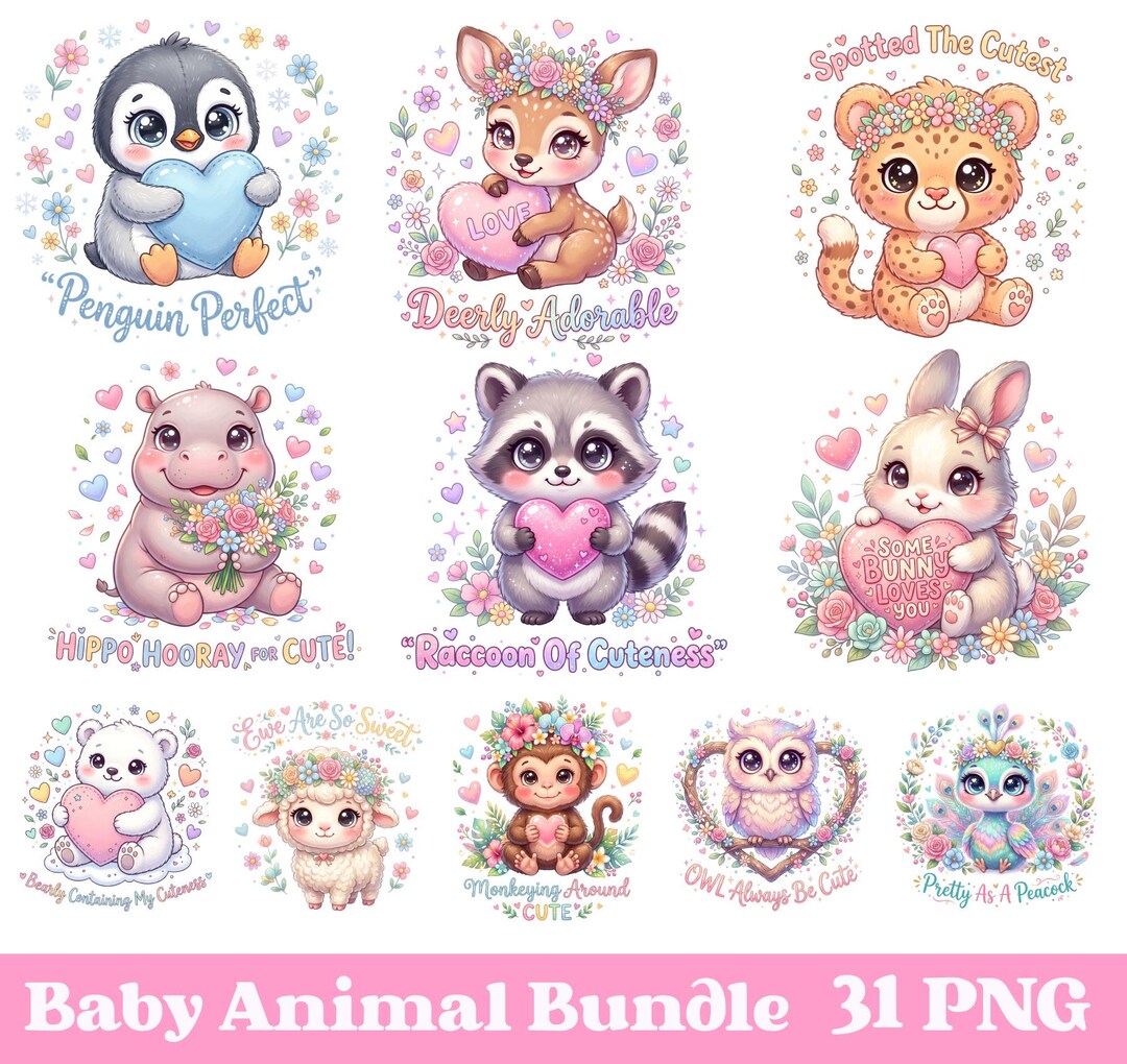Baby Animal PNG Bundle | Cute Kawaii Animal Clipart for Onesies Shirts ...