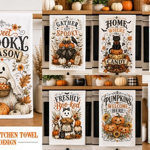 Halloween Kitchen Towel PNG Bundle 21 Vintage Farmhouse Tea Towel Designs Ghost Pumpkin Sublimation PNG Funny Dish Towel Digital Download