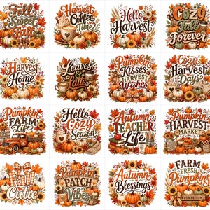 May include: A collection of sixteen square graphic designs featuring autumn themes, including pumpkins, sunflowers, fall foliage, coffee mugs, and trucks, with decorative hand-lettered text such as Fall Sweet Fall, Harvest Coffee Time, and Pumpkin Farm Life.
