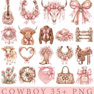 Puede incluir: Una colección de ilustraciones digitales con artículos de temática western decorados con rosas rosas y lazos, incluyendo guitarra, herradura, cráneo de vaca, lazo, bola de discoteca, vaca highland, chaqueta, sombrero, valla, ternero, corazón, bota, silla de montar, cactus, rueda de carro, bandana, bolso y frasco de perfume.