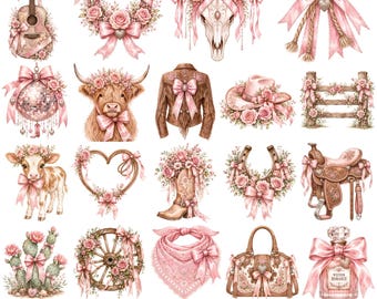 Pacchetto di oltre 35 immagini PNG di cowgirl civettuole, clipart western rosa, rodeo ad acquerello PNG, sublimazione western floreale, uso commerciale, download digitale