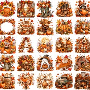 50+ Fall PNG Bundle, Autumn Sublimation Designs, Pumpkin Thanksgiving Clipart, Cozy Harvest Fox Ghost Highland Cow PNG, Instant Download