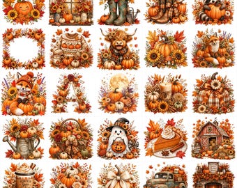 Pacchetto di oltre 50 immagini PNG autunnali, disegni per sublimazione autunnali, clipart di zucche per il Ringraziamento, volpe fantasma accogliente del raccolto, mucca delle Highlands PNG, download immediato