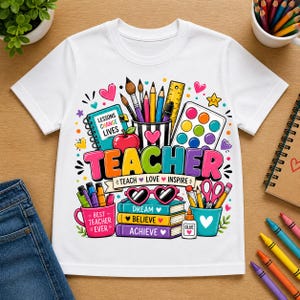 May include: White t-shirt with a colorful graphic design for teachers. The design includes the word "TEACHER" in large, multi-colored letters, along with school supplies, hearts, and the phrases "Teach Love Inspire", "Best Teacher Ever", and "Lessons Change Lives".