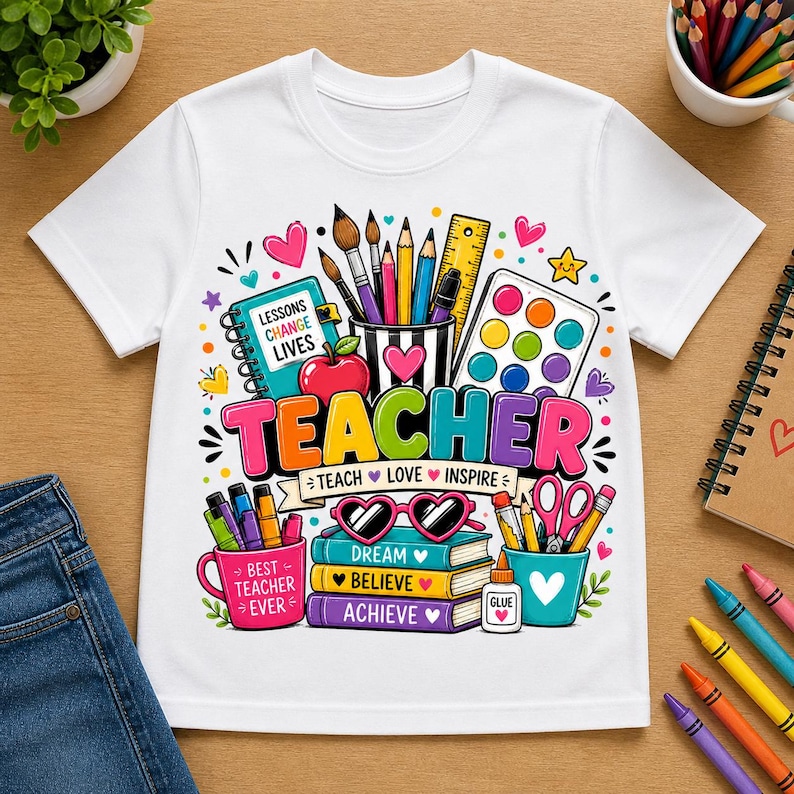 May include: White t-shirt with a colorful graphic design for teachers. The design includes the word "TEACHER" in large, multi-colored letters, along with school supplies, hearts, and the phrases "Teach Love Inspire", "Best Teacher Ever", and "Lessons Change Lives".