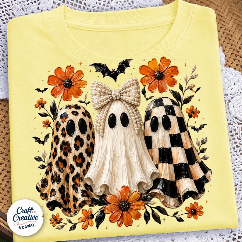 May include: A pale yellow t-shirt featuring a graphic of three ghosts. One ghost has a leopard print, one wears a large pearl-embellished bow, and one has a black and white checkerboard pattern. The design includes orange flowers and bats.