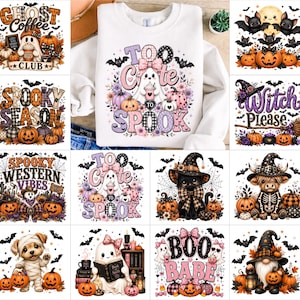 May include: A white crewneck sweatshirt featuring a central graphic of a ghost wearing a pink bow, holding a drink, surrounded by pumpkins, flowers, and the text Too Cute To Spook, with various other Halloween-themed illustrations surrounding it.