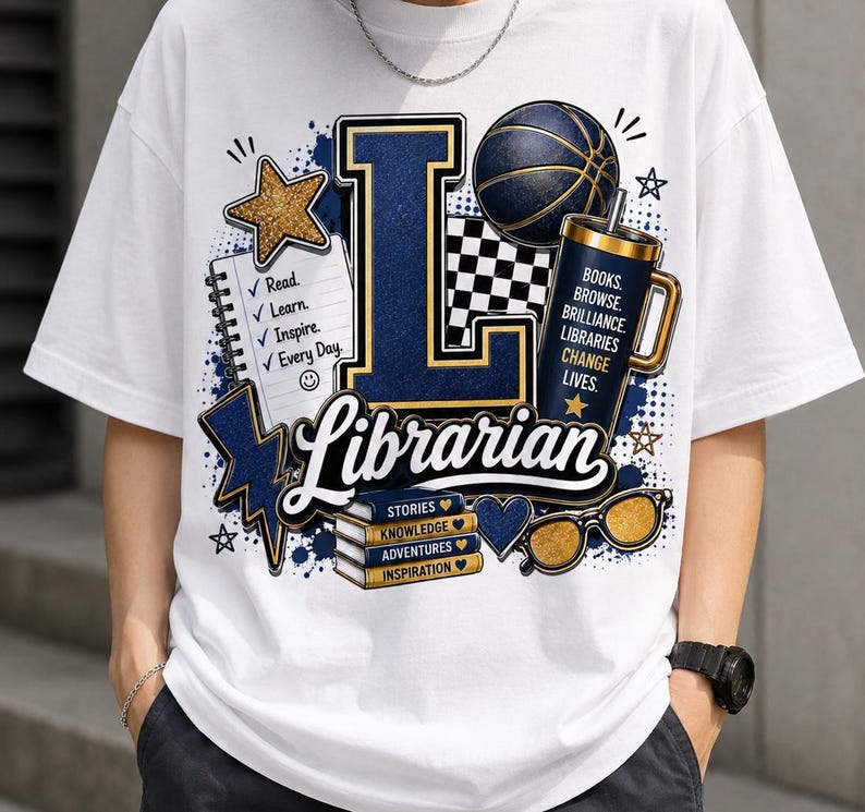 K&ouml;nnte beinhalten: Ein wei&szlig;es T-Shirt mit einem Grafikdruck, der einen gro&szlig;en Buchstaben L, einen Basketball, einen Becher mit dem Text BOOKS. BROWSE. BRILLIANCE. LIBRARIES CHANGE LIVES., einen Notizblock, einen B&uuml;cherstapel mit den Aufschriften STORIES, KNOWLEDGE, ADVENTURES, INSPIRATION und eine Brille zeigt.