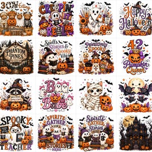 Könnte beinhalten: Eine Sammlung von sechzehn digitalen Illustrationen mit Halloween-Motiven, darunter Geister, Kürbisse, Fledermäuse, Katzen und Waschbären. Jedes quadratische Design enthält festlichen Text, herbstliche Farben und gruselige Elemente wie Spukhäuser und Hexenhüte.